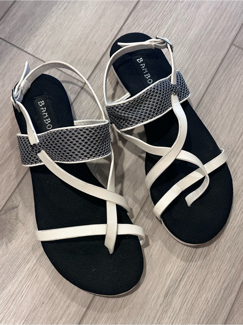 BAMBOO Black Footbed White Strappy Sandals with Silver Mesh Accent
